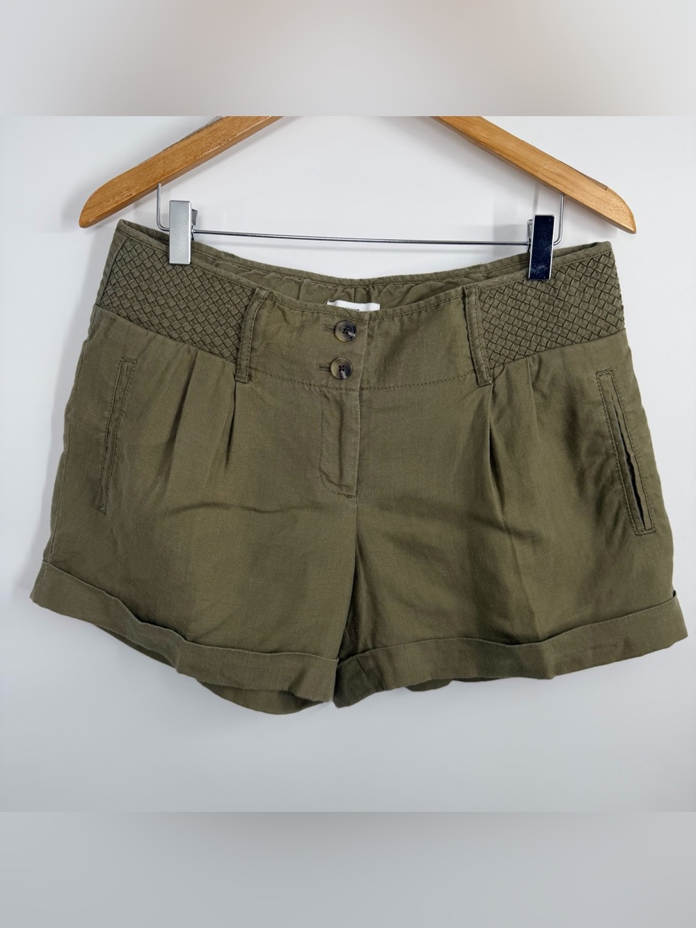 LOFT 100% Linen Olive Green Pleated Front Shorts
